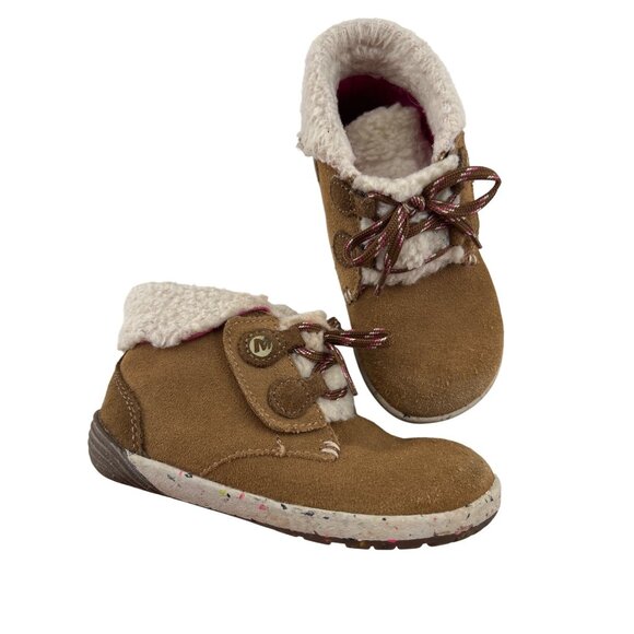 Merrell Toddler Suede Boots Bare Steps Lace Up Brown Pink Sherpa Lined sz 9 - Picture 1 of 7